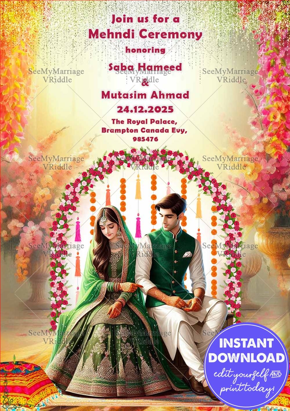 Green-Themed Mehndi Ceremony Invite Highlighting Marigold Tassels and Bride-Groom in Green Attire