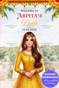 Haldi Ceremony Welcome Banner with Bride in Yellow Attire, Marigold Garlands, and Serene Outdoor Backdrop