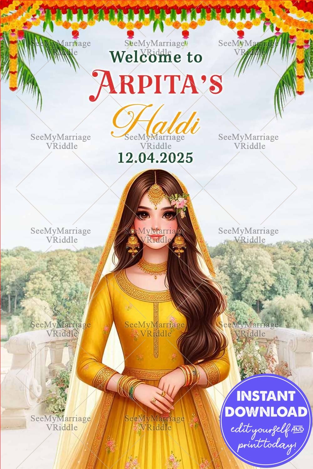 Haldi Ceremony Welcome Banner with Bride in Yellow Attire, Marigold Garlands, and Serene Outdoor Backdrop