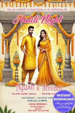 Haldi Night Invitation with Festive Marigold Decor, Traditional Couple Illustration, and Golden Hues