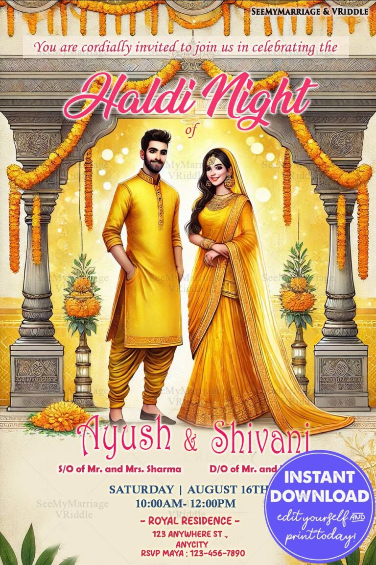 Haldi Night Invitation with Festive Marigold Decor, Traditional Couple Illustration, and Golden Hues