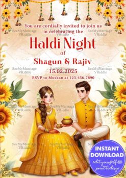 Haldi Night Invitation with Vibrant Yellow Theme, Floral Decor, and Traditional Couple Illustration