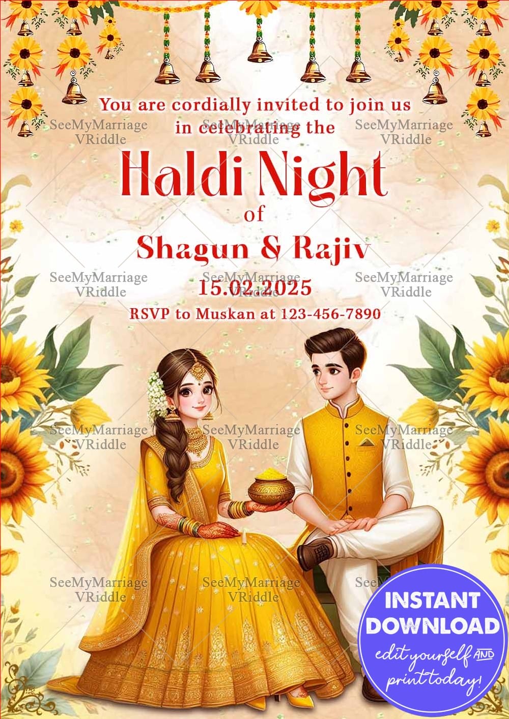 Haldi Night Invitation with Vibrant Yellow Theme, Floral Decor, and Traditional Couple Illustration