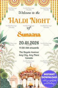 Haldi Night Welcome Banner Featuring Marigold Garlands, Palm Leaves, and Traditional Mandap Illustration