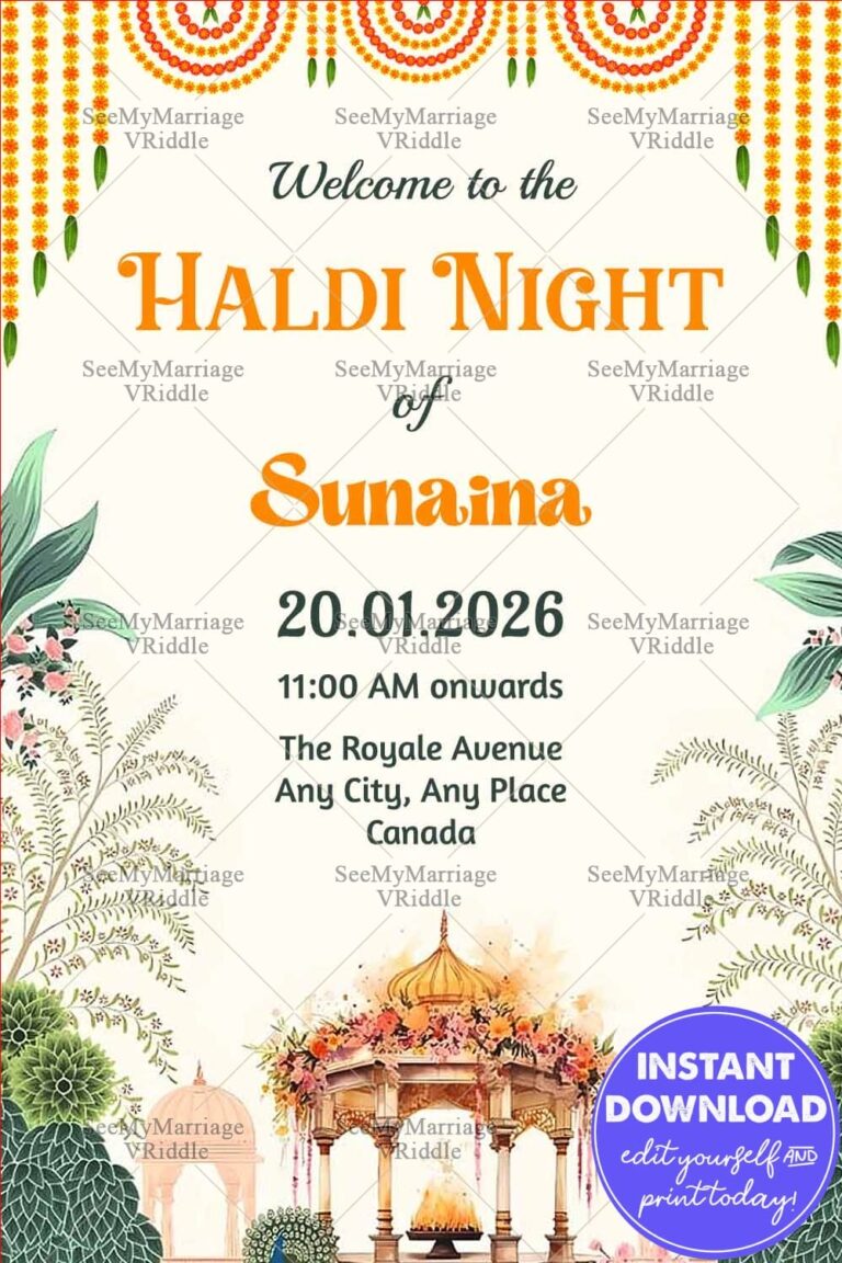 Haldi Night Welcome Banner Featuring Marigold Garlands, Palm Leaves, and Traditional Mandap Illustration