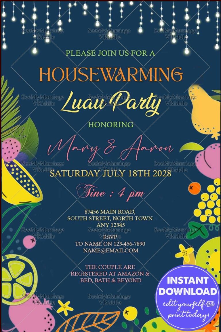 Hawaiian Housewarming Luau Party Invitation with Vibrant Fruits and Palm Leaves on Blue Background