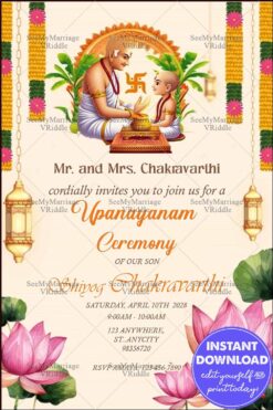 Hindu Cultural Upanayanam Ceremony Invite with Sacred Thread Ceremony Illustration, Marigold Garlands, Lotus Motifs and Lantern Decor