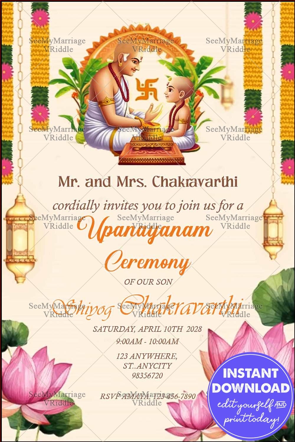 Hindu Cultural Upanayanam Ceremony Invite with Sacred Thread Ceremony Illustration, Marigold Garlands, Lotus Motifs and Lantern Decor