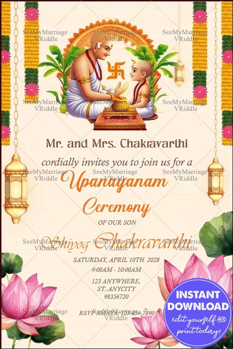 Hindu Cultural Upanayanam Ceremony Invite with Sacred Thread Ceremony Illustration, Marigold Garlands, Lotus Motifs and Lantern Decor