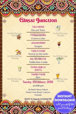 Indian-Inspired Cocktail Menu with Ethnic Patterns and Unique Drink Names for a Festive Celebration