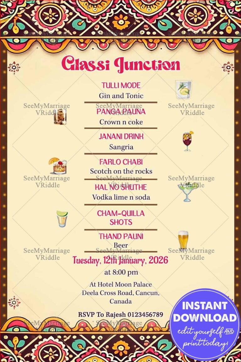 Indian-Inspired Cocktail Menu with Ethnic Patterns and Unique Drink Names for a Festive Celebration
