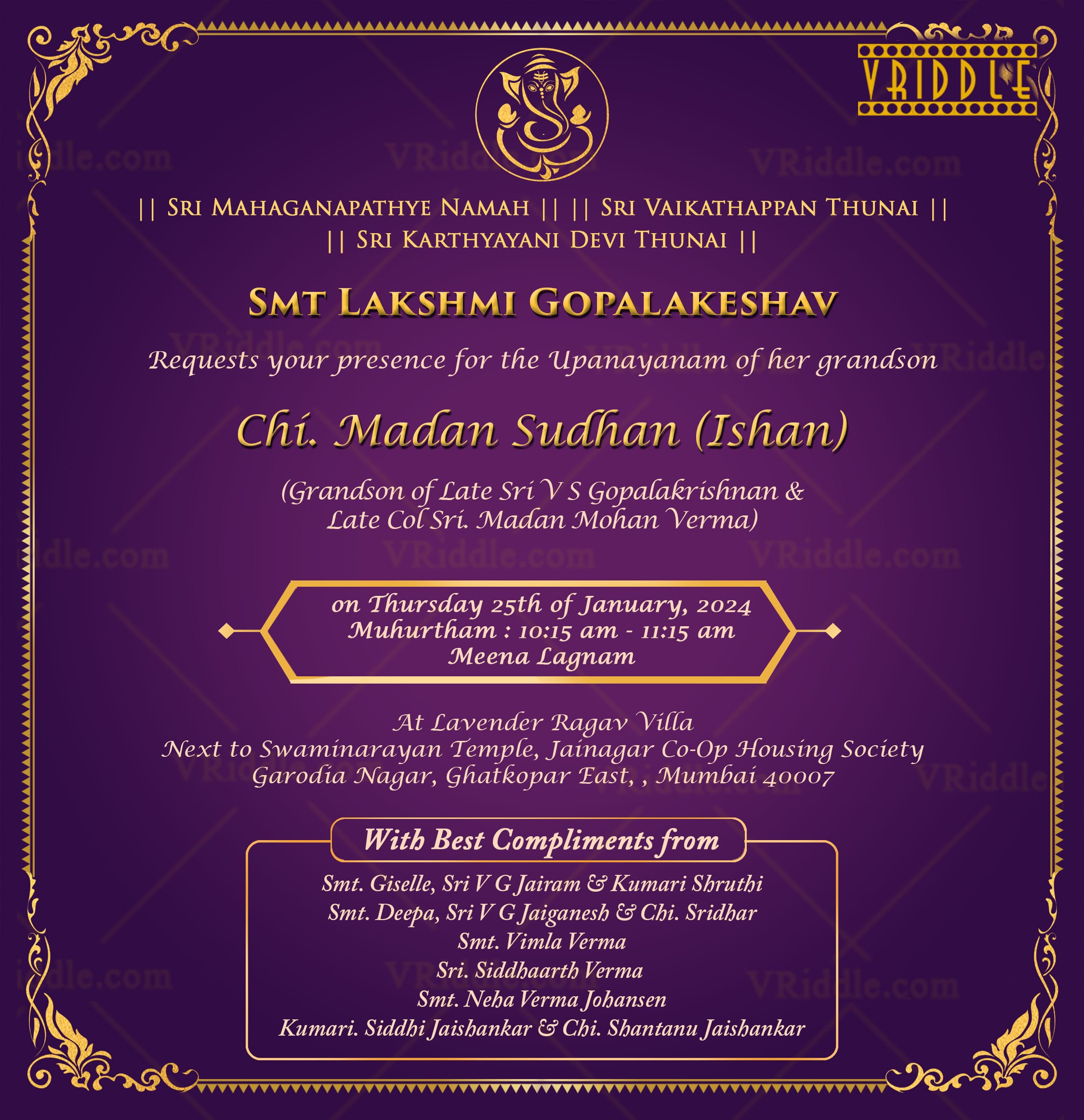 Purple Themed Upanayanam Invitation Set With Religious Family Event Details