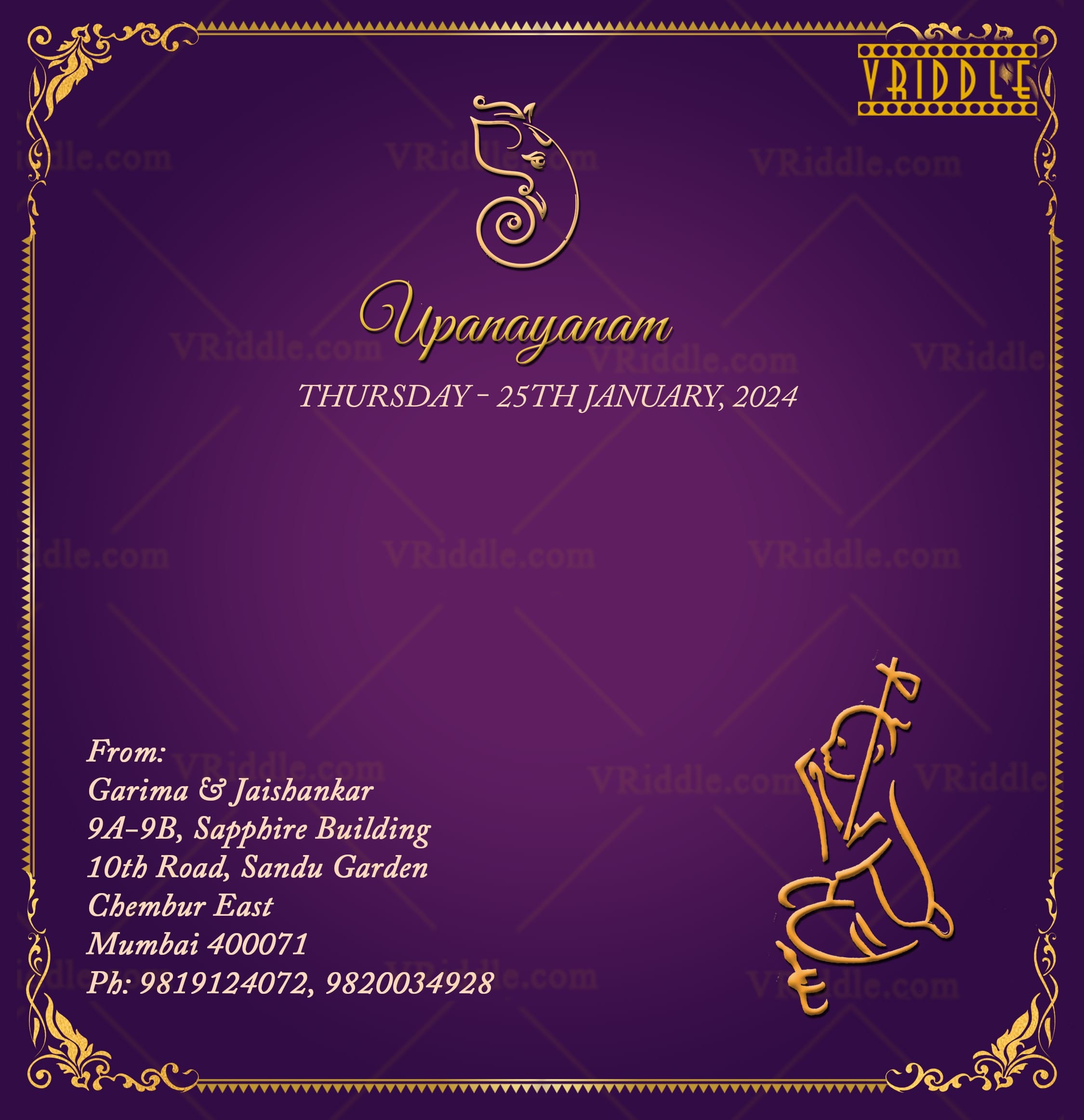 Purple Themed Upanayanam Invitation Set With Religious Family Event Details