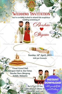 Kerala-Themed Wedding Invite with Green Floral Design, Kathakali Motif, and Cultural Festive Elements for Details