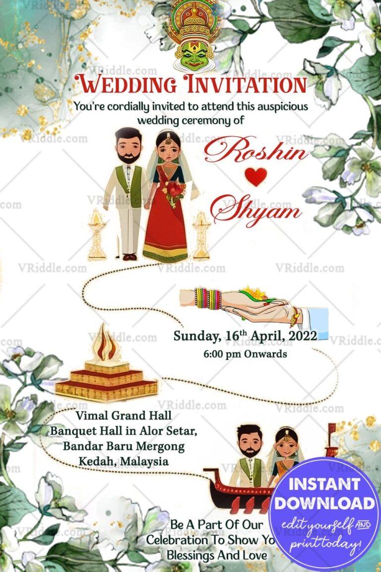Kerala-Themed Wedding Invite with Green Floral Design, Kathakali Motif, and Cultural Festive Elements for Details