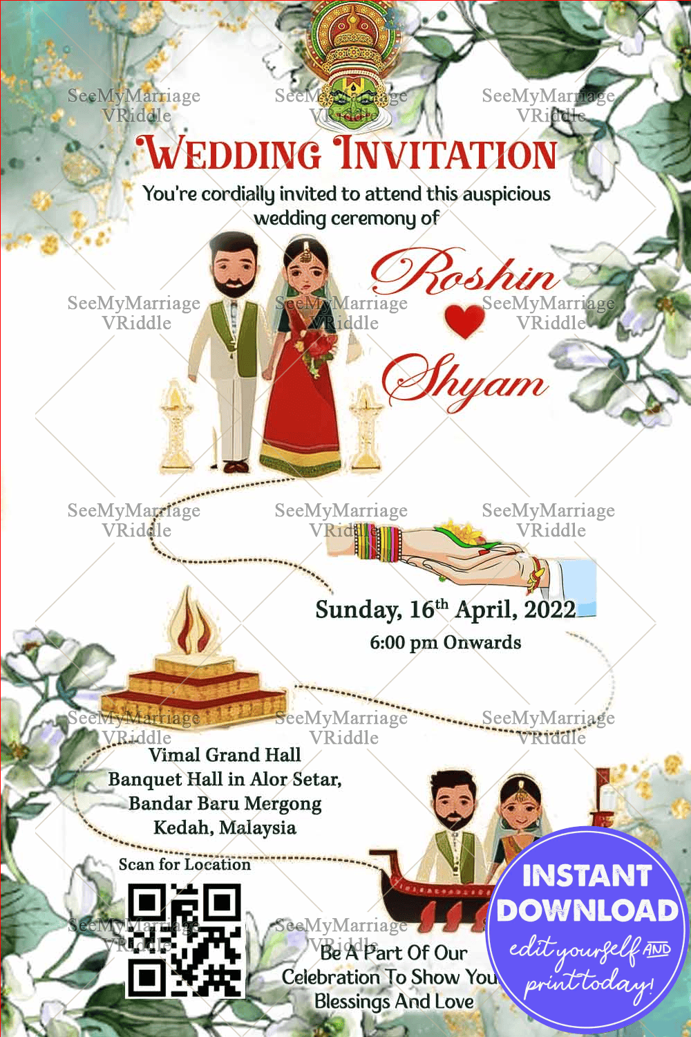 Kerala-Themed Wedding Invite with Green Floral Design, Kathakali Motif, and Cultural Festive Elements for Details