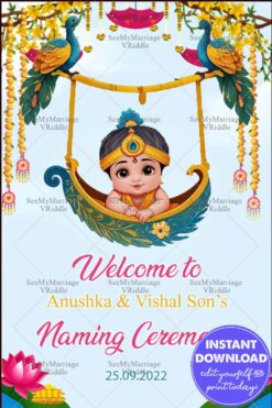 Krishna Theme Baby Naming Ceremony Banner with Peacock Motif and Floral Garlands