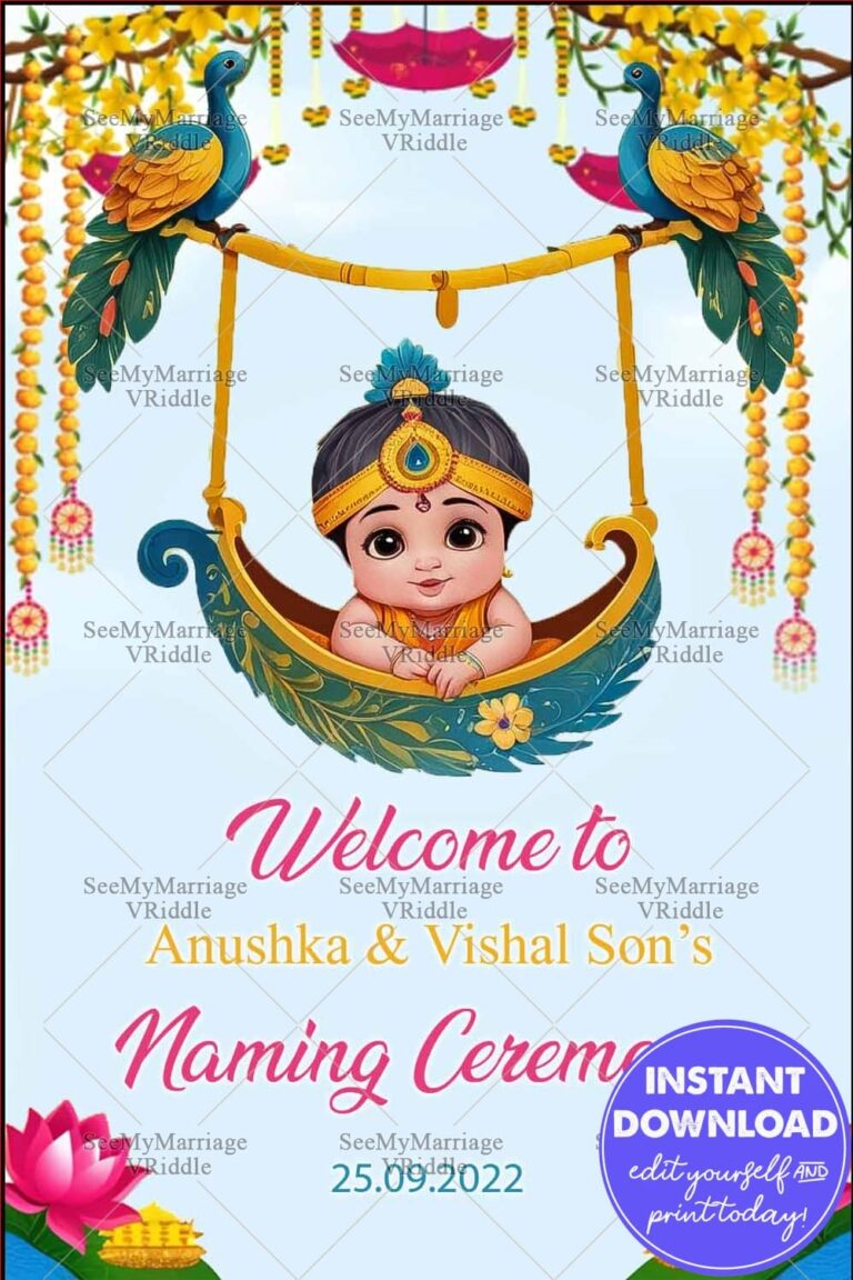 Krishna Theme Baby Naming Ceremony Banner with Peacock Motif and Floral Garlands