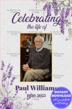 Lavender Floral-Themed Memorial Poster with a Portrait for a Celebration of Life