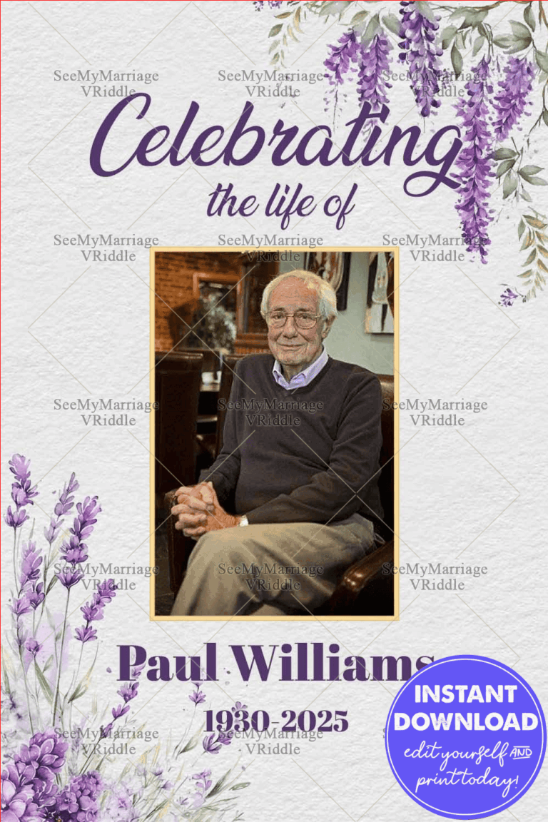 Lavender Floral-Themed Memorial Poster with a Portrait for a Celebration of Life