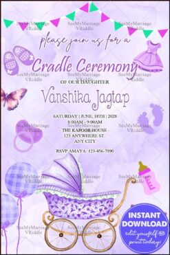 Lavender-Themed Cradle Ceremony Invitation with Vintage Pram, Balloons, and Baby Accessories