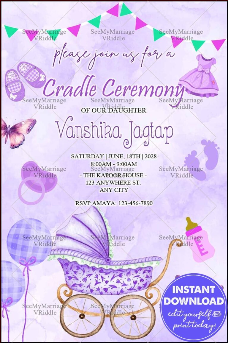 Lavender-Themed Cradle Ceremony Invitation with Vintage Pram, Balloons, and Baby Accessories