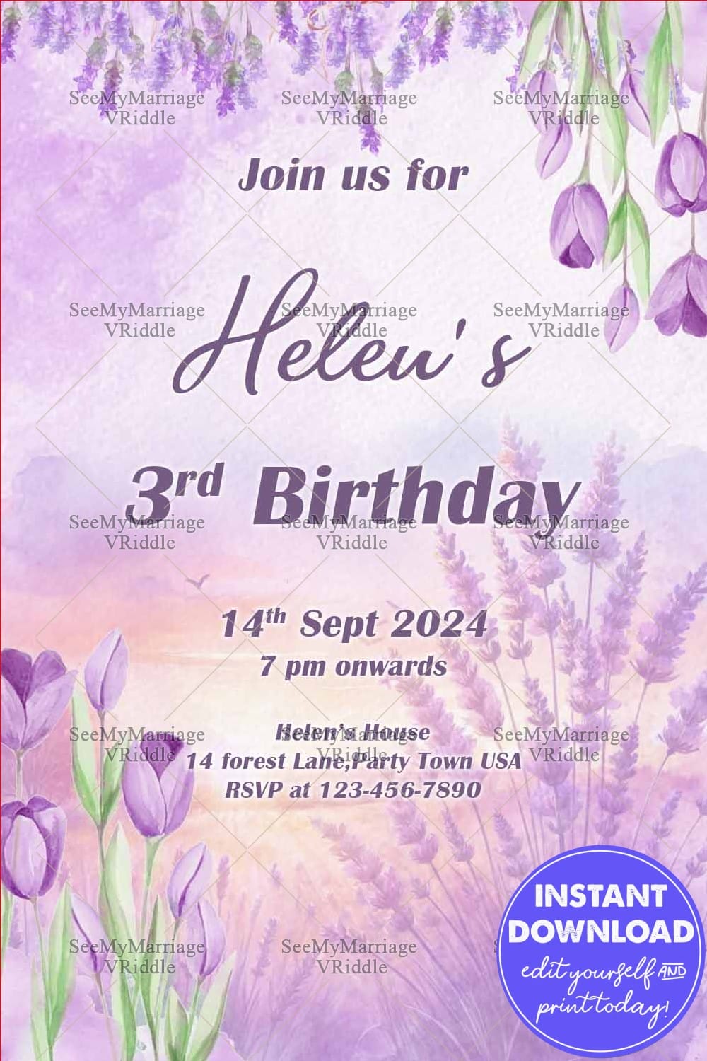 Lavender Tulip-Themed 3rd Birthday Invitation in a Lavender Watercolor Background