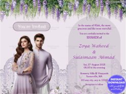 Lilac-Themed Muslim Shaadi Invitation Elegant Islamic Background and Couple Illustration