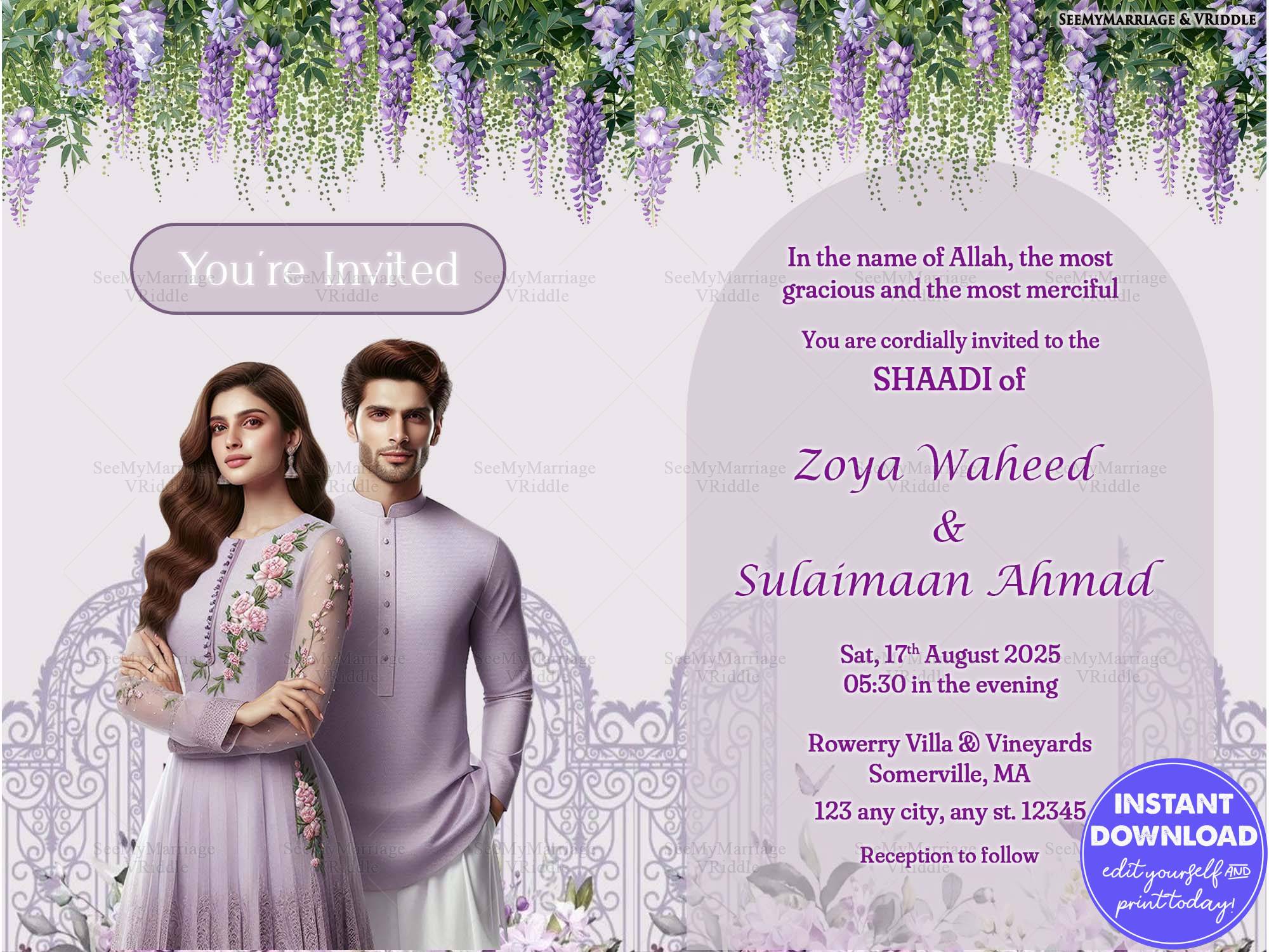 Lilac-Themed Muslim Shaadi Invitation Elegant Islamic Background and Couple Illustration