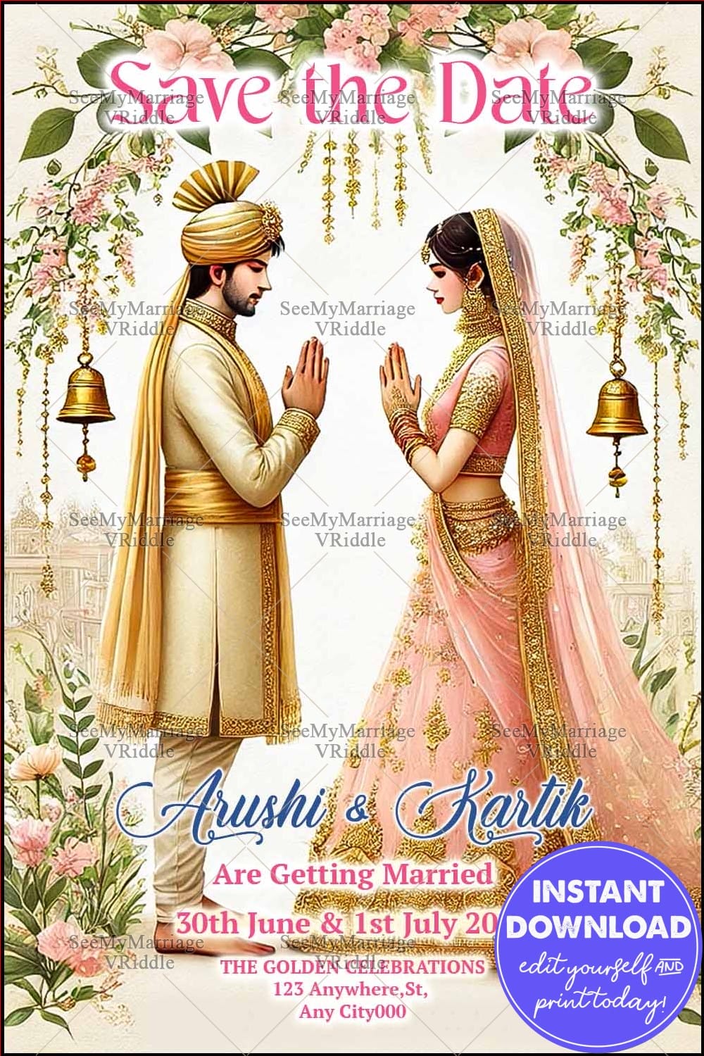 Lush Floral Indian Wedding Save the Date Card with Bride-Groom Illustration in Pink Theme