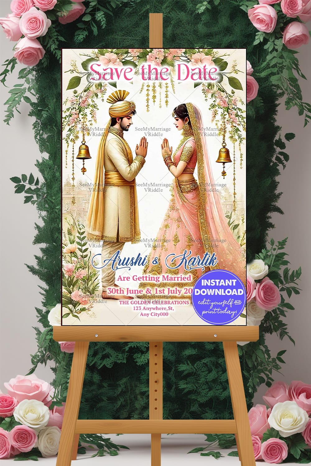 Lush Floral Indian Wedding Save the Date Card with Bride-Groom Illustration in Pink Theme Mockup