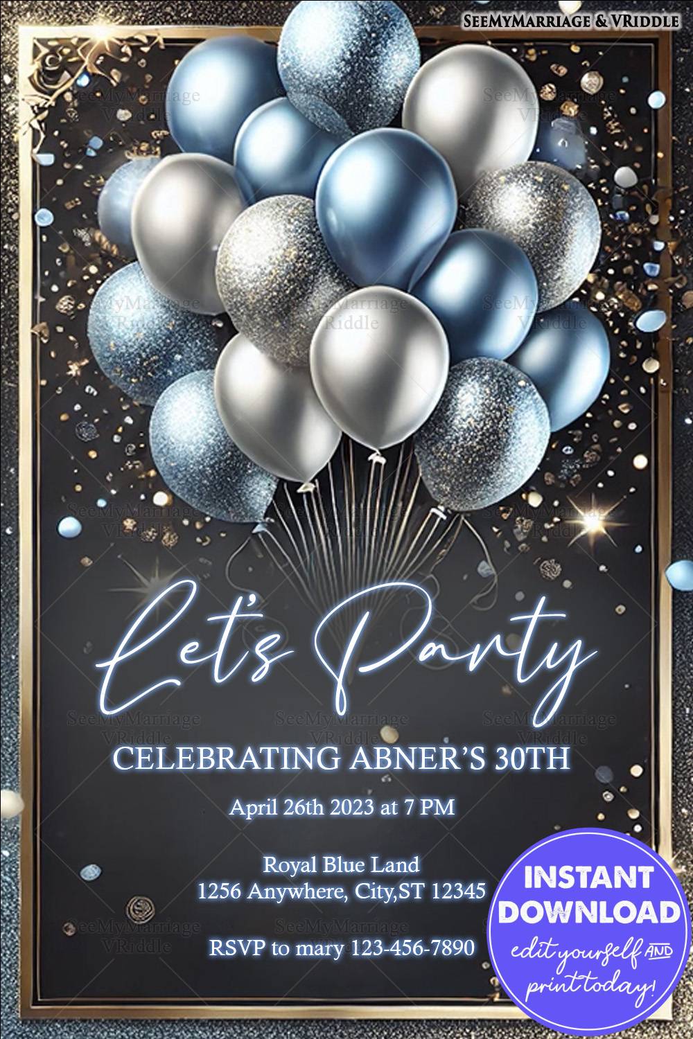 Luxurious 30th Birthday Invitation with Blue and Silver Balloons on Glittery Black and Gold Background