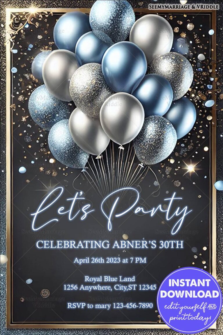 Luxurious 30th Birthday Invitation with Blue and Silver Balloons on Glittery Black and Gold Background