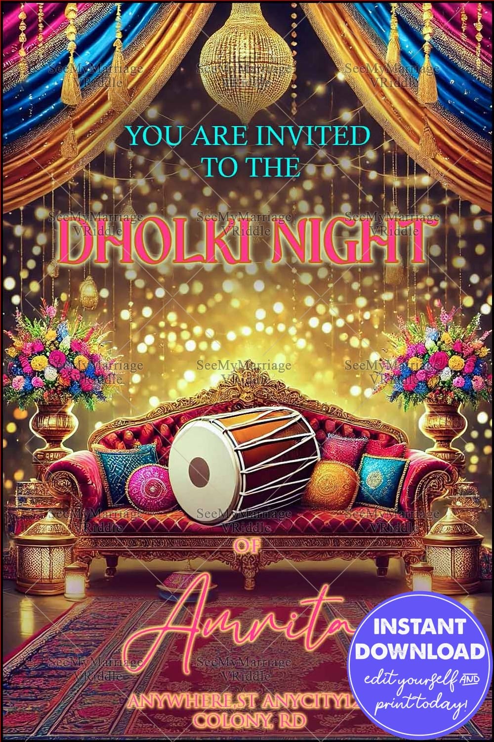 Luxurious Dholki Night Invitation Featuring Golden Lanterns, Vibrant Florals, and Ornate Sofa Décor