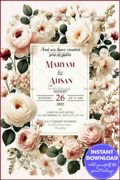 Luxurious Floral-Framed Wedding Invitation with Pink and White Roses and Gold-Accented Border