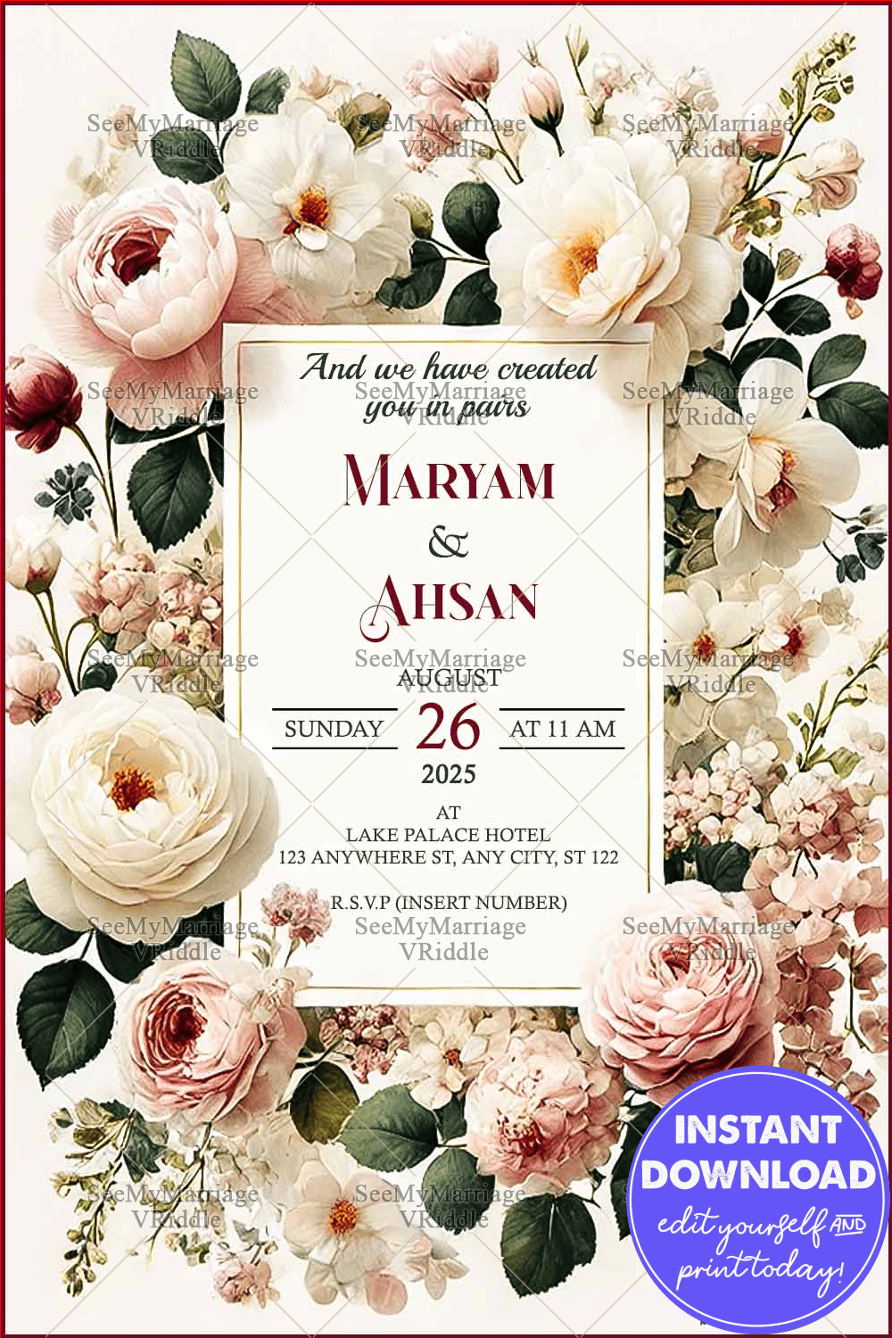Luxurious Floral-Framed Wedding Invitation with Pink and White Roses and Gold-Accented Border