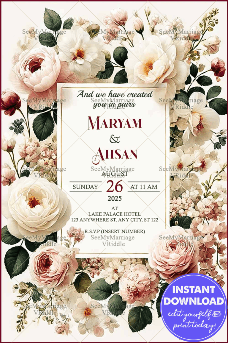 Luxurious Floral-Framed Wedding Invitation with Pink and White Roses and Gold-Accented Border