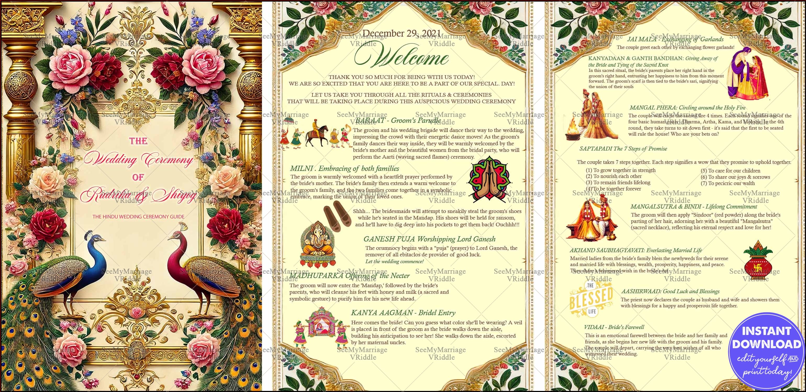 Luxurious Hindu Wedding Ritual Guide with Golden Peacocks and Vibrant Floral Illustrations