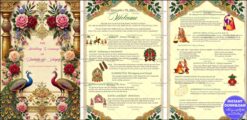 Luxurious Hindu Wedding Ritual Guide with Golden Peacocks and Vibrant Floral Illustrations