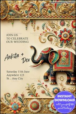 Luxurious Indian Wedding Invitation with Ornate Elephant Motif, Intricate Florals, and Gold Accents