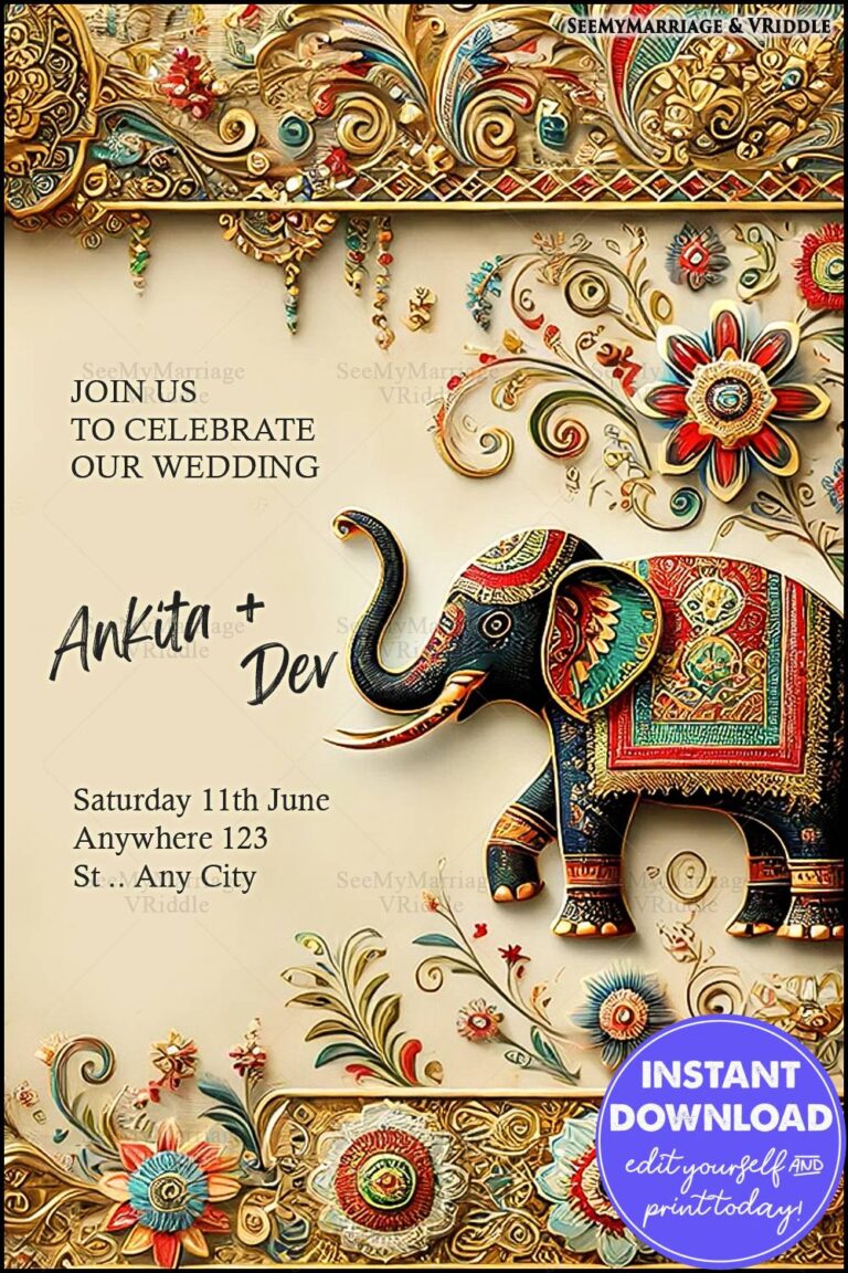 Luxurious Indian Wedding Invitation with Ornate Elephant Motif, Intricate Florals, and Gold Accents