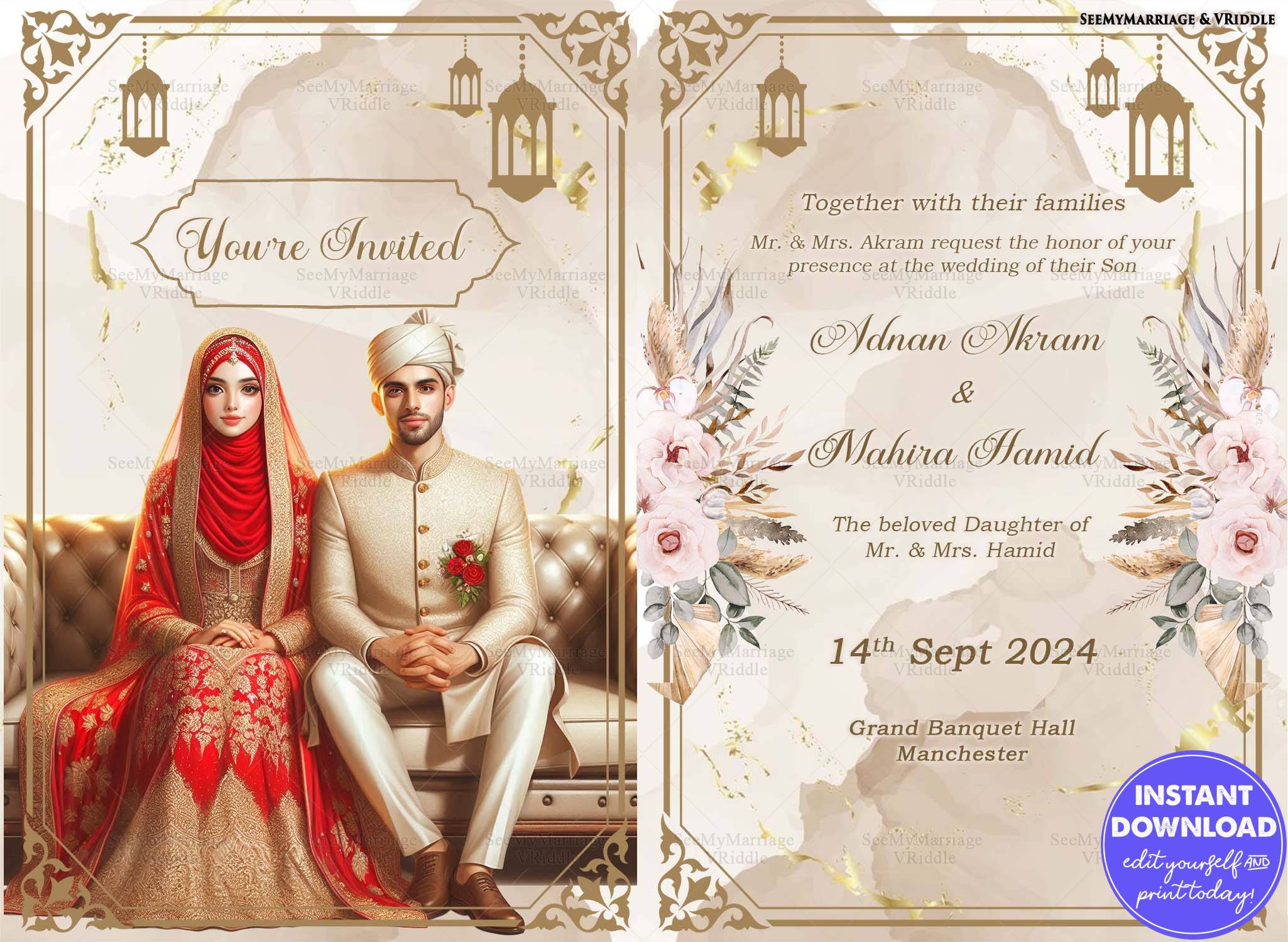 Luxurious Muslim Wedding Invitation with Gold Accents, Floral Embellishments, and Couple Illustration
