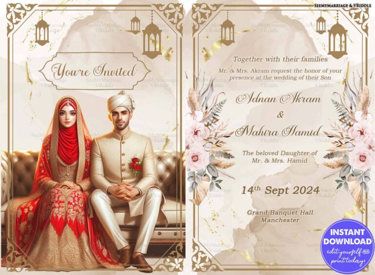 Luxurious Muslim Wedding Invitation with Gold Accents, Floral Embellishments, and Couple Illustration