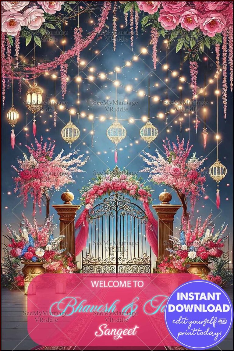 Luxurious Sangeet Night Banner with Pink Florals, Golden Lanterns, and Glittering Fairy Lights on a Blue Backdrop