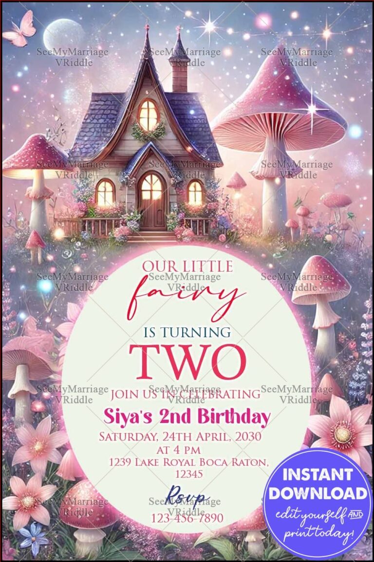 Magical Fairy-Themed 2nd Birthday Invitation with Whimsical Cottage and Fantasy Elements in Pastel Colours