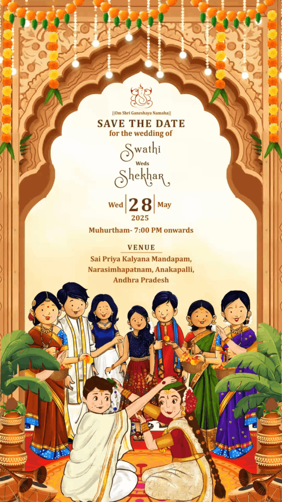 Traditional Telugu save the date wedding invitation video with cartoon family