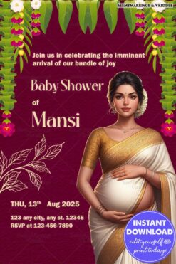 Kerala Baby Shower Invitation featuring an Expecting Mother Illustration, Florals and Green Accents on a Maroon Background
