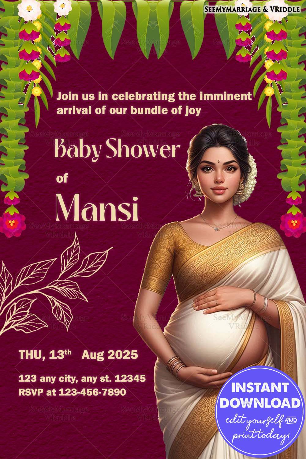 Maroon Baby Shower Invitation featuring an Expecting Mother Illustration, Florals and Green Accents