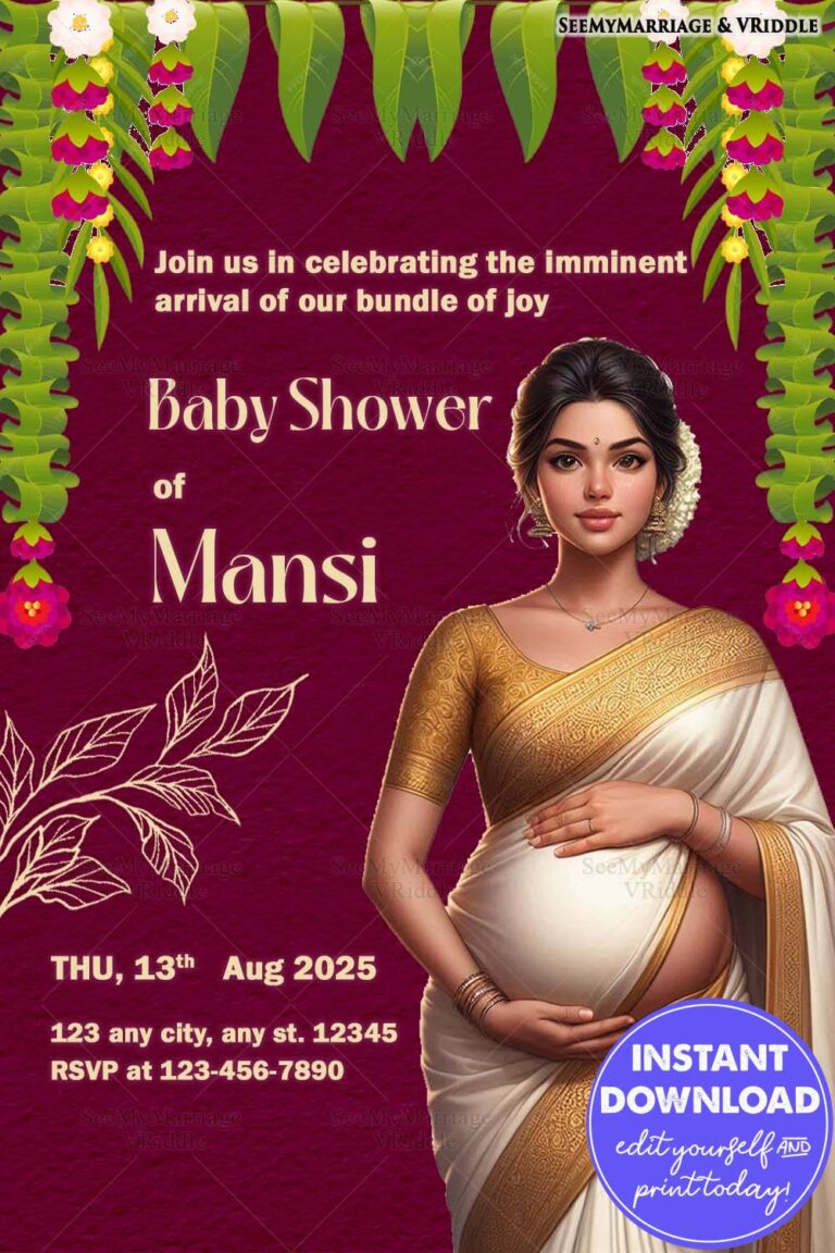 Kerala Baby Shower Invitation featuring an Expecting Mother Illustration, Florals and Green Accents on a Maroon Background