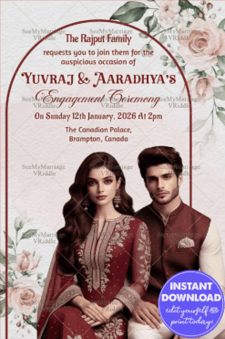 Maroon-Beige Themed Engagement Invitation with Rose Motifs and Couple Portrait